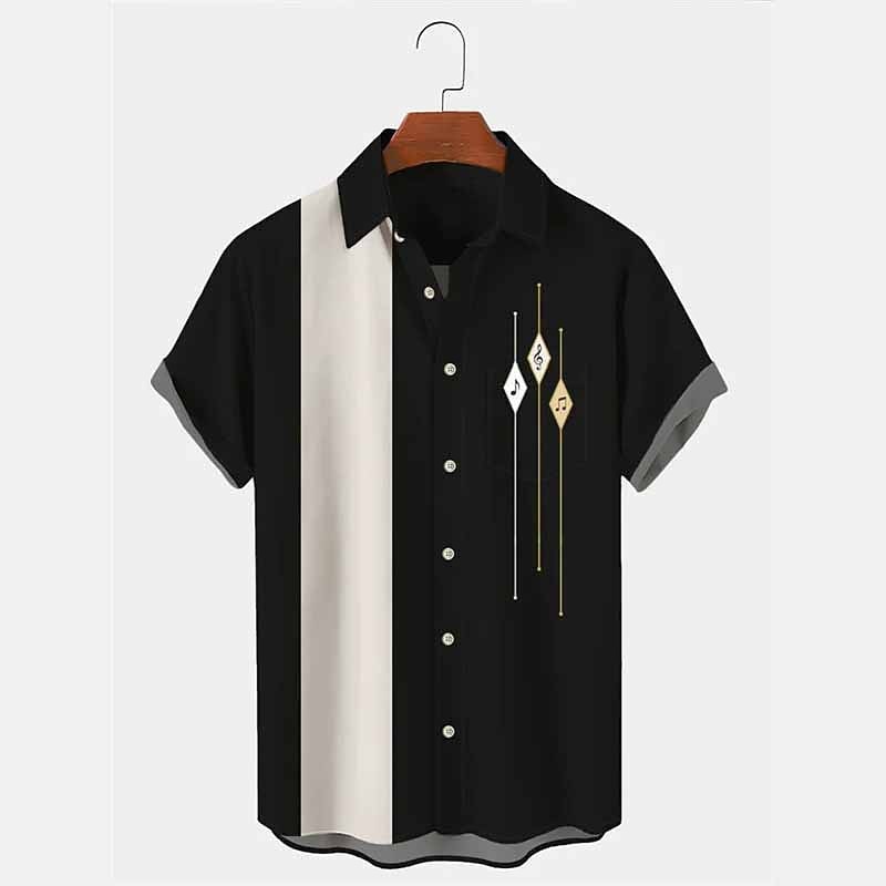 Men's Striped Geometric Pattern Vintage Shirt Bowling Shirt Button Up Shirt Short Sleeve Fashion Streetwear Designer Casual Going out Weekend Summer Spring Turndown Print Black2