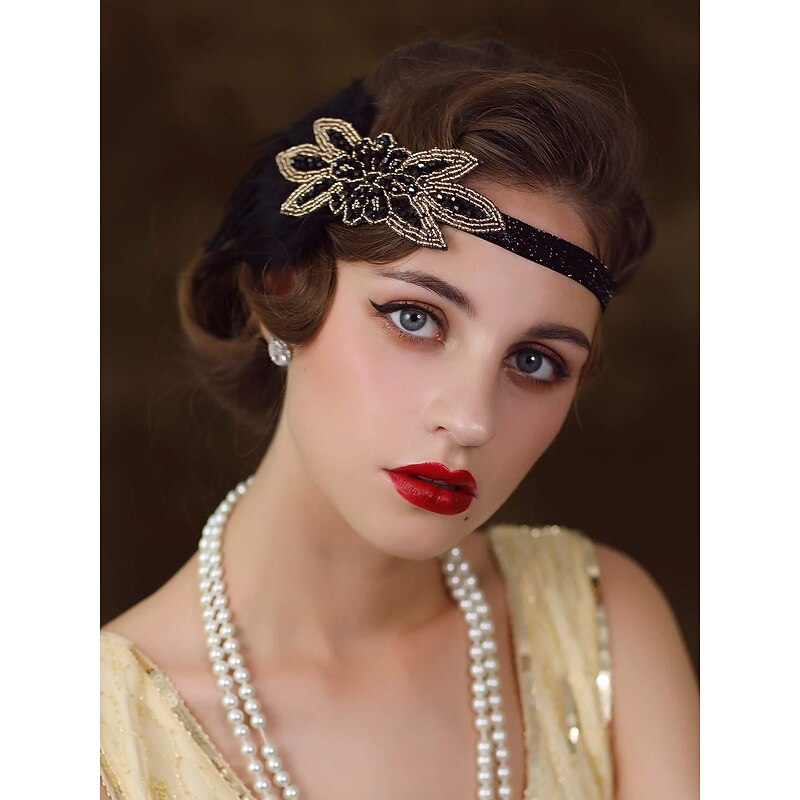 1920s Flapper Feather Headband 20s Sequined Showgirl Headpiece Gatsby Hair Accessories for Women2