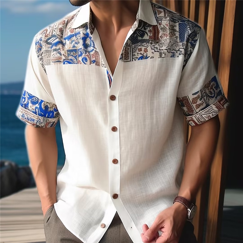 Men's Floral Tribal Ethnic Shirt Button Up Shirt Short Sleeve Fashion Designer Casual Outdoor Casual Summer Spring Turndown Print Apricot Blue Khaki3