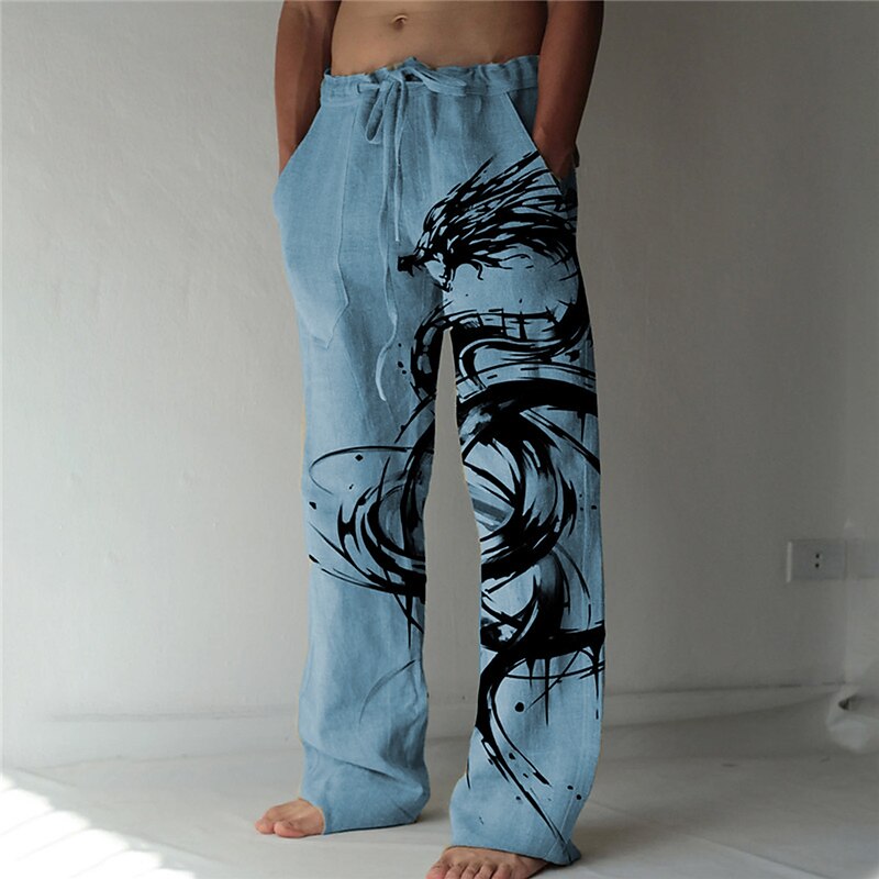 Christmas Dragon Print Pants Mens Graphic | Casual Summer Beach Daily Holiday Grey Hawaiian Blue | Trousers Drawstring Elastic Waist 3D Prints Comfort Streetwear4