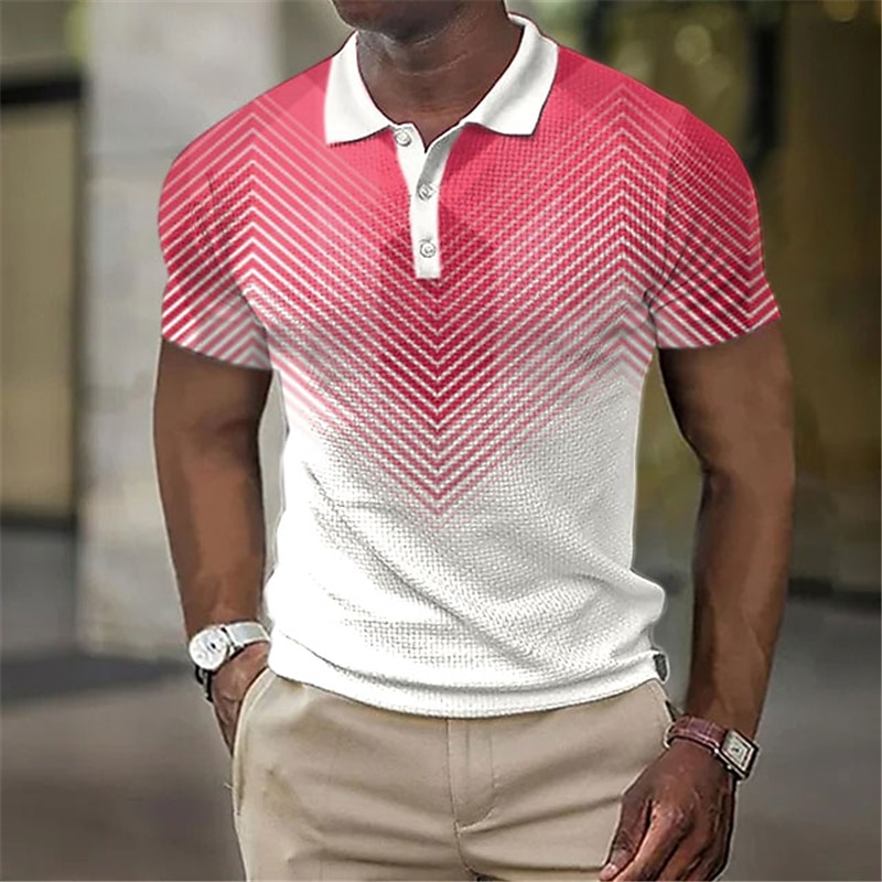 Men's Geometric Waffle Polo Shirts Golf Shirt Short Sleeve Polo Shirts Collared Shirts Business Casual WorkWear Formal Wear Festival Wear Buttons 3D Print Blue-Green White Pink