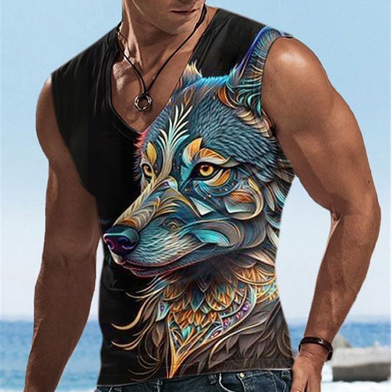 Men's Graphic Animal Tank Top Vest Top Sleeveless T Shirt for Men Sleeveless T shirt 3D Print V Neck Shirt Designer Casual Muscle Sports Running Gym Black Blue Dark Blue Spring & Summer Clothing2