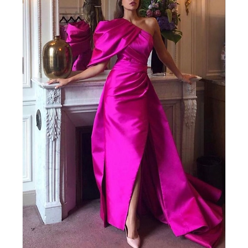 Mermaid Evening Gown Sexy Dress Summer Court Train Sleeveless One Shoulder Fall Wedding Reception Satin with Ruched Slit