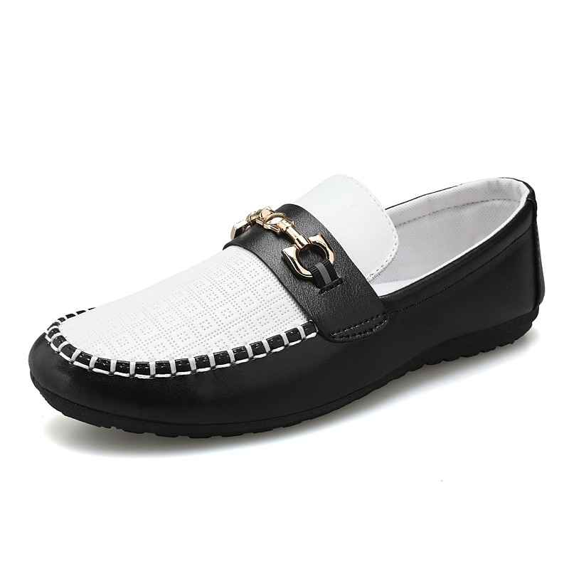 Men's Black and White Leather Loafers – Casual Slip-On Moccasins with Metal Buckle for Business and Driving4