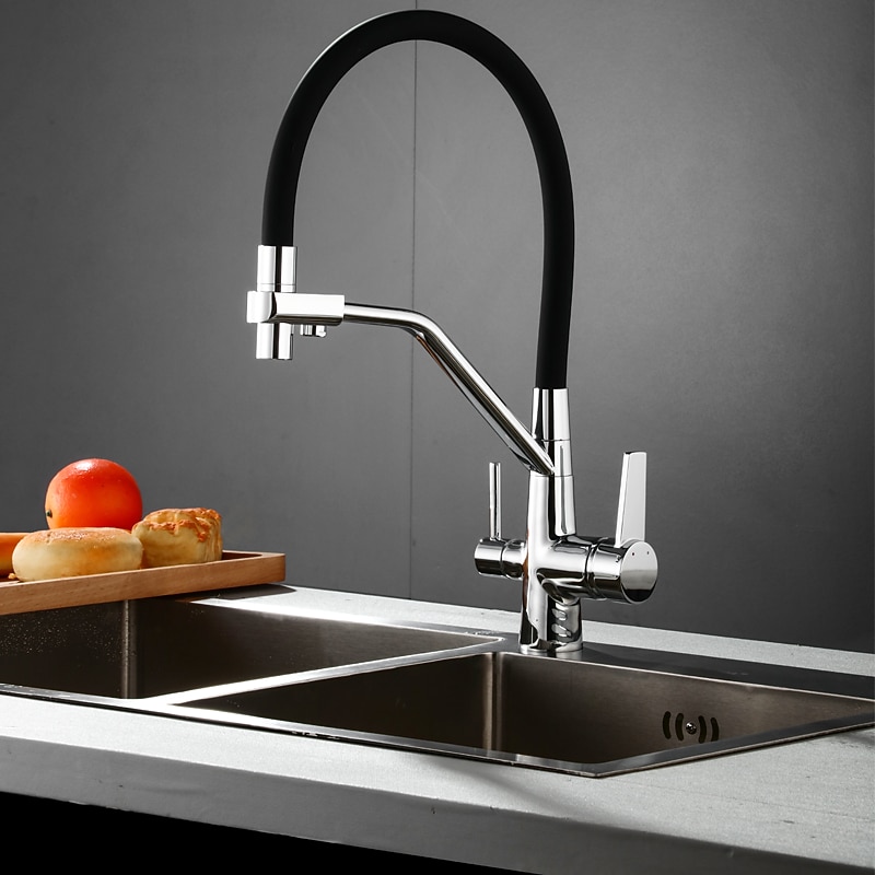 Kitchen Faucet Pull Down Spray Head, Purified Water Dual Spout Taps Sink Mixer Deck Mounted,  360 Rotating Twin Handle High Arc Flexible Tube Vessel Brass Tap3