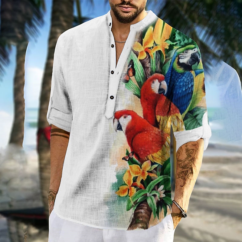 Men's Graphic Prints Parrot Shirt Aloha Shirt Long Sleeve Shirt Stand Collar Outdoor Street White Pink Blue Green Print Clothing Apparel Fashion Streetwear Designer Casual