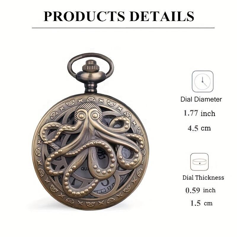 Vintage Pocket Watch with Chain Punk Black Octopus Pattern Creative Flap Retro Pocket Watch3