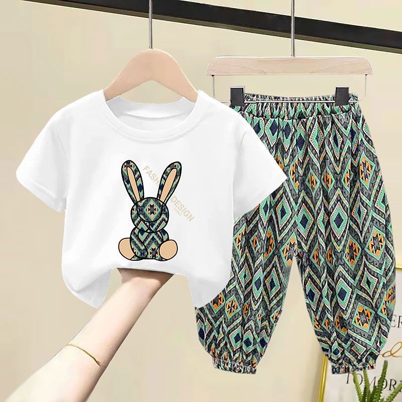 2 Pieces Kids Girls' Geometric Pants Suit Set Short Sleeve Fashion Outdoor Cotton 3-7 Years Summer Black White Yellow