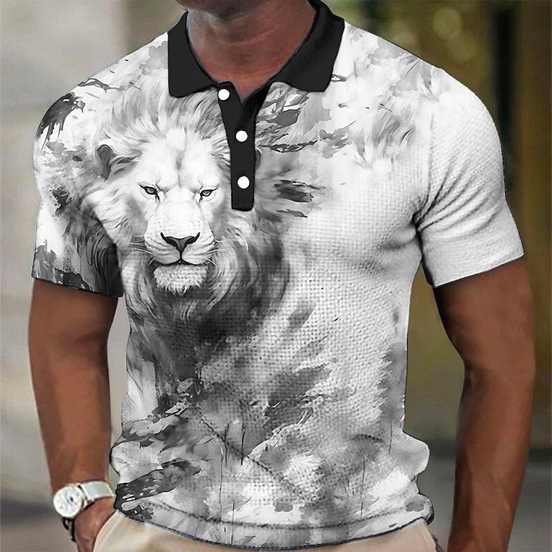 Men's Lion Waffle Polo Shirts Golf Shirt Short Sleeve Polo Shirts Collared Shirts Casual Funny Streetwear Vacation Wear Party Outfits Buttons 3D Print Yellow Red Blue2