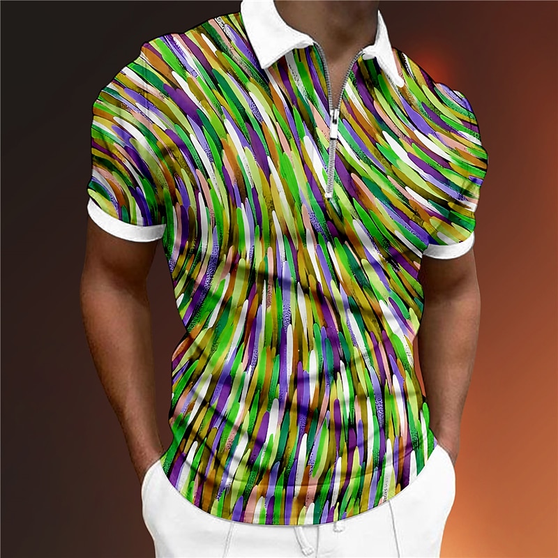 Men's Graphic Zip Polo Shirts Golf Shirt Short Sleeve Polo Shirts Collared Shirts Casual Vacation Wear Rave Wear Party Outfits 3D Print Quarter Zip Polo Light Green Red Blue4