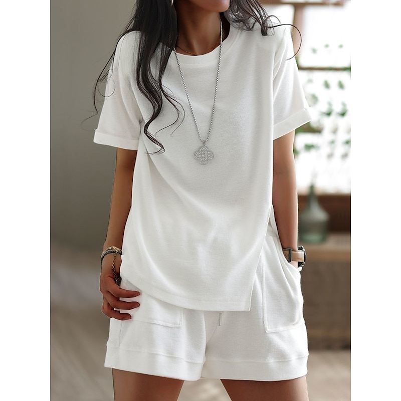 Women's Plus Size Loungewear Sets Pure Color Sport Casual Comfort Home Street Daily Breathable Crew Neck Short Sleeve T shirt Tee Shorts Pocket Summer Spring Home Outfits3