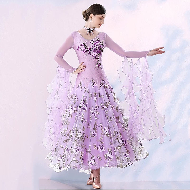 Ballroom Dance Dress Embroidery Splicing Crystals / Rhinestones Women's Performance Party Long Sleeve Mesh Spandex Tulle3