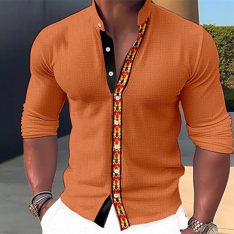 Men's Shirt Dress Shirt Geometry Outdoor Casual Navy Blue Blue Orange Green Long Sleeve Stand Collar Summer Spring Clothing Apparel Print4