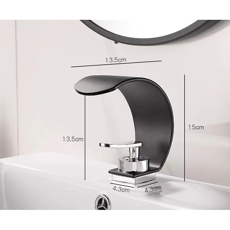 Waterfall Bathroom Faucet Sink Mixer Basin Taps, Arc Spout Single Handle Washroom Faucet Deck Mounted with Cold and Hot Hose Black Chrome White4