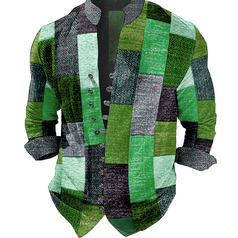 Men's Plaid / Check Geometric Pattern Geometry Shirt Button Up Shirt Long Sleeve Fashion Streetwear Designer Outdoor Casual Daily Summer Spring Fall Stand Collar Print Light Green Red Blue Purple3