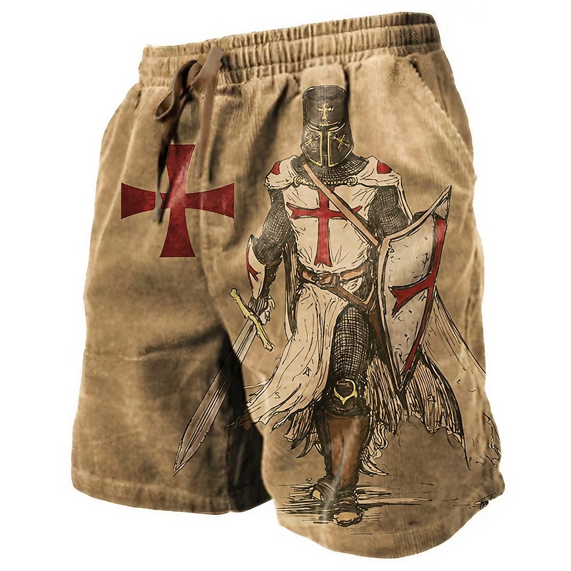 Men's Graphic Knights Templar Cross Sweat Shorts Beach Shorts Terry Shorts Mid Waist Vintage Casual Daily Holiday Streetwear Drawstring Elastic Waist 3D Print Designer Clothing Apparel