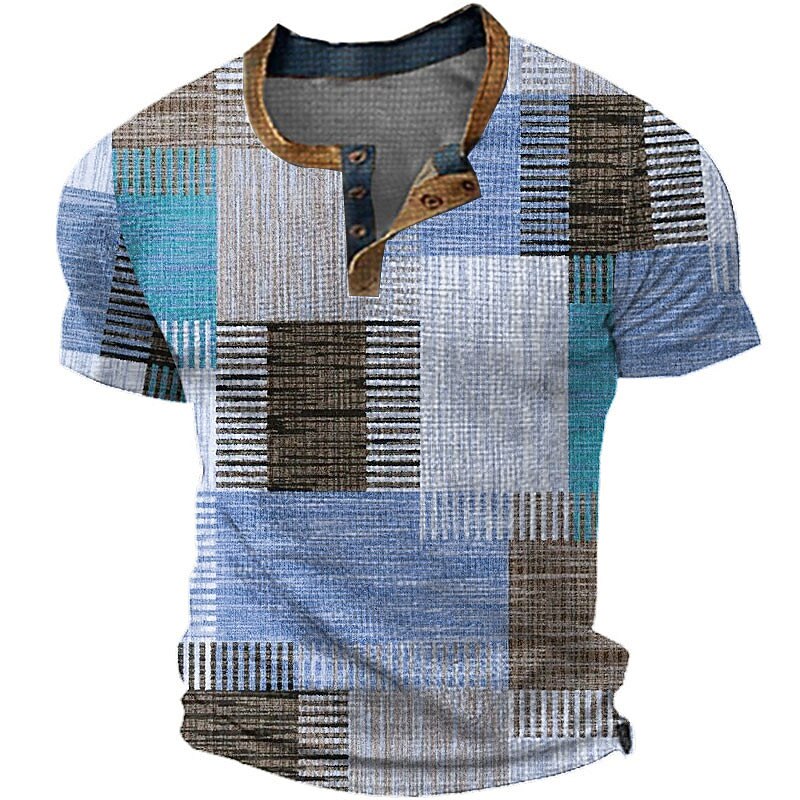 Men's Graphic Plaid / Check Waffle Henley Shirt Short Sleeve 3D Print Fashion Designer Basic Outdoor Daily Summer Yellow Blue Green Gray Henley Henley T-Shirt2