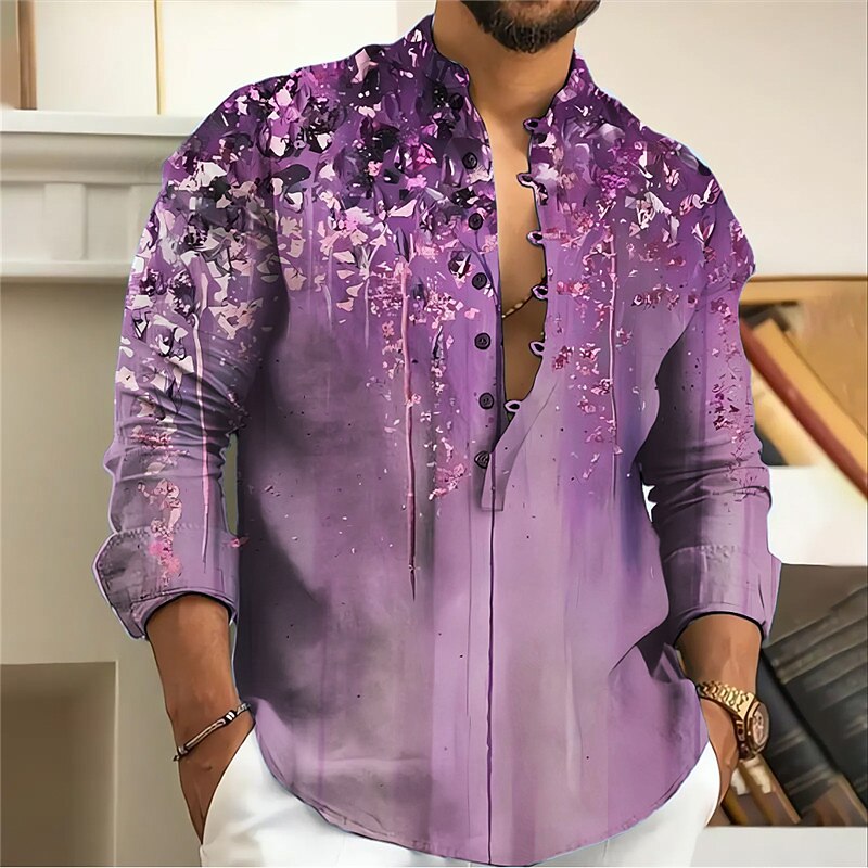 Men's Floral Shirt Button Up Shirt Long Sleeve Fashion Streetwear Designer Outdoor Casual Daily Summer Spring Fall Stand Collar Print Blue Purple Brown Green Gray3