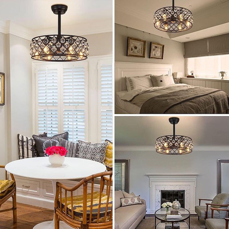 Ceiling Fan with Lights Crystal Black 21" Warm White LED 6 Speeds Timing Reversible Blades with Remote Control, Household Fan Chandelier, indoor Low Profile Flush Mount Ceiling Fan 110-120V4