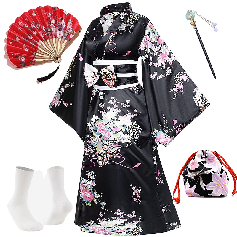 Japanese Anime Women's Kimono Robe Geisha Yukata Sweet Dress Blossom Satin Bathrobe Sleepwear Fans Socks Hair Accessories Purse 5 PCS