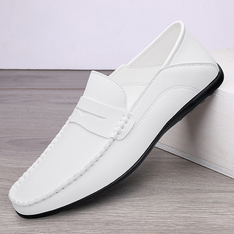Men's White Faux Leather Loafers – Casual Slip-On Driving Shoes for Business & Summer Wear