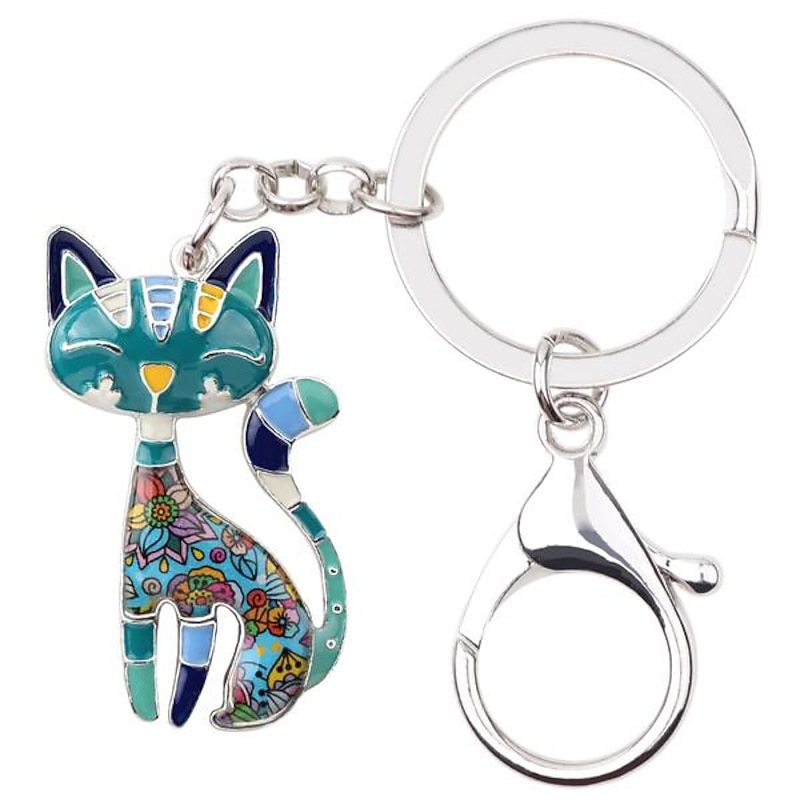 Enamel Alloy Floral Elegant Kitten Cat Keychains Key Ring Animal Pets Jewelry Gift for Women Girls Purse Handbag Charms Accessories2