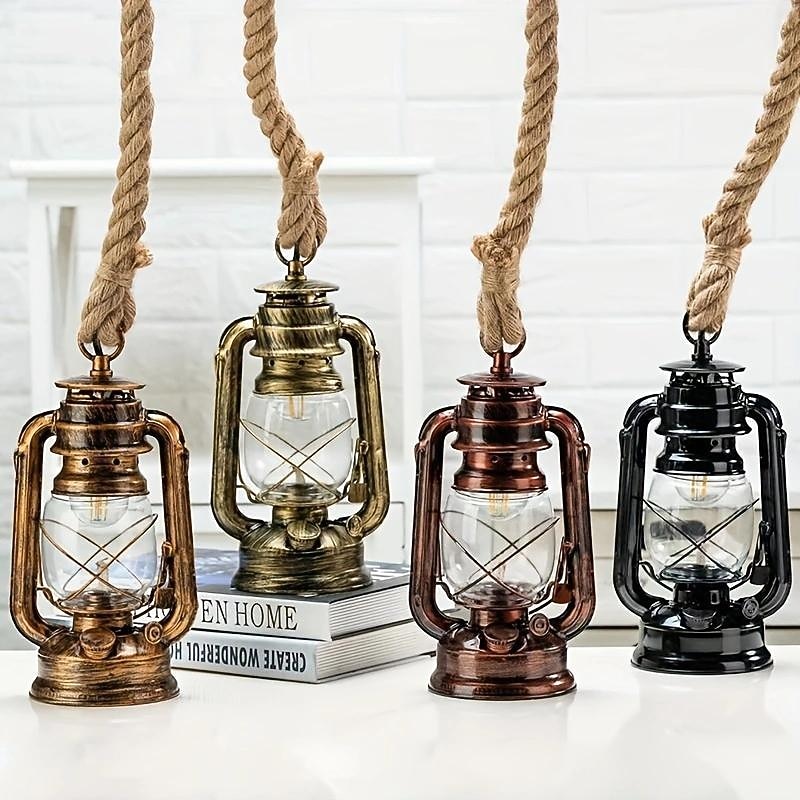 1pc Retro Hemp Rope Chandelier - Old Fashioned Lantern Pendant Light - Oil Rub Bronze Kitchen Island Hanging Light (Bulb Not Included)