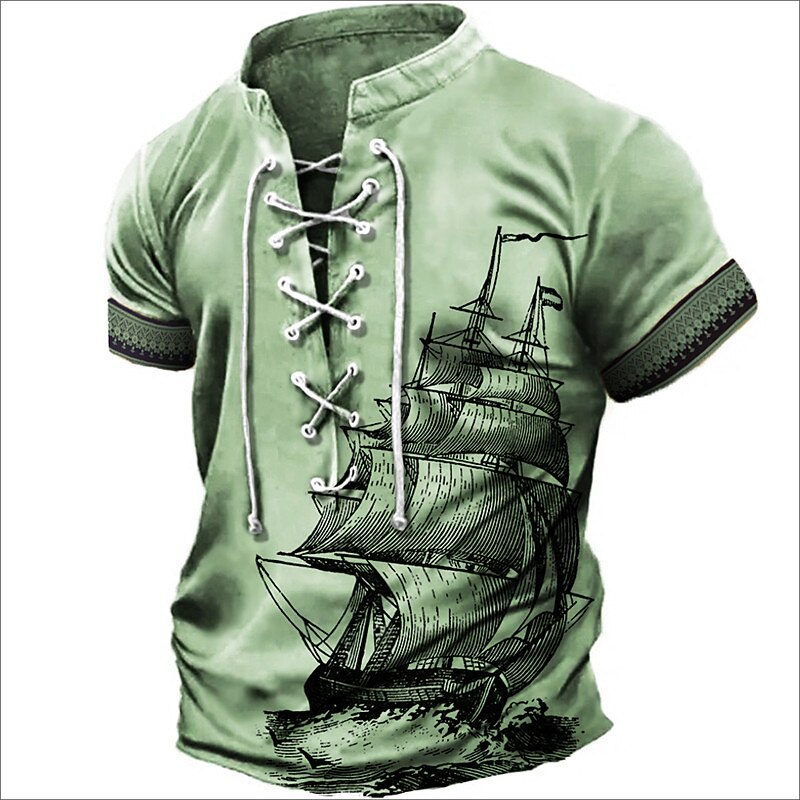 Men's T Shirt Graphic Ship Stand Collar Clothing Apparel 3D Print Daily Sports Going out Short Sleeve Lace up Print Polyester Vintage Fashion Designer3