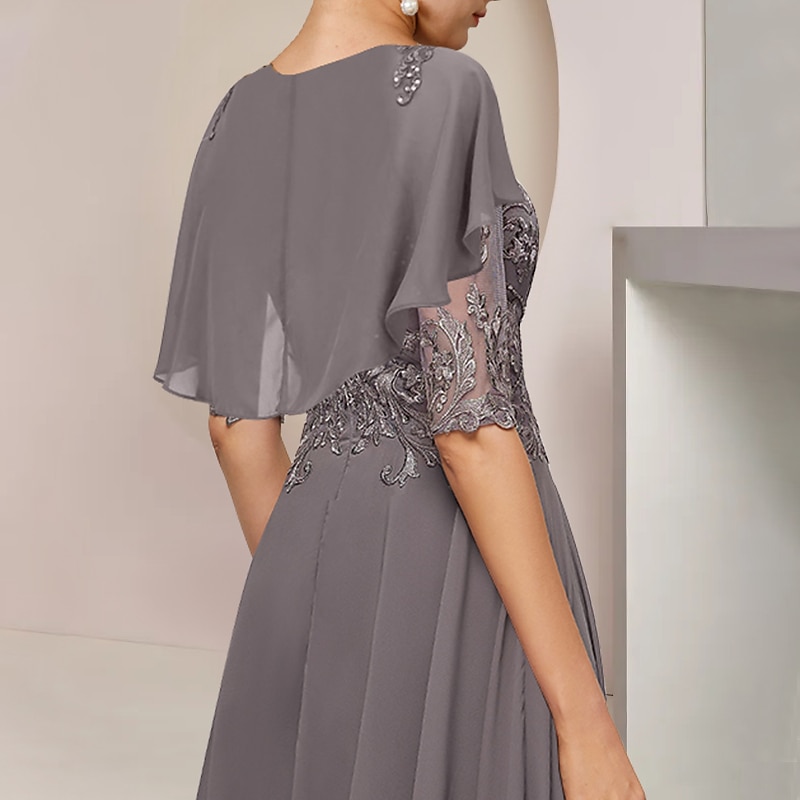 A-Line Mother of the Bride Dress Formal Wedding Guest Elegant Scoop Neck Asymmetrical Tea Length Chiffon Lace Half Sleeve with Beading Appliques4