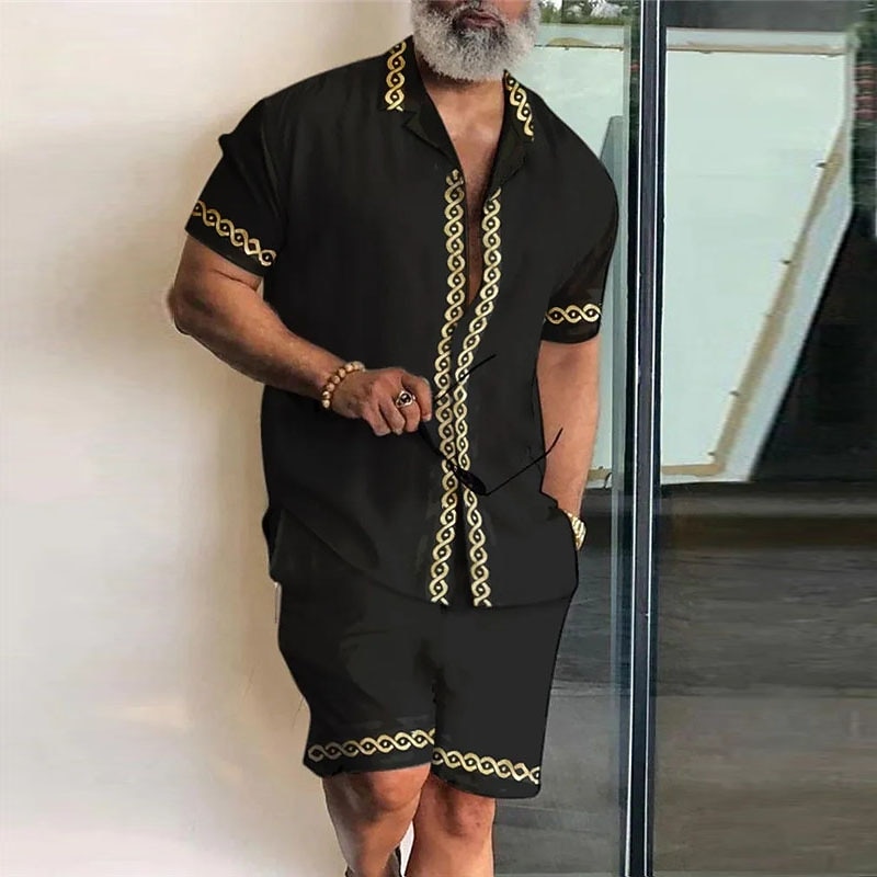 Men's Totem 2pcs Shirts Sets Summer Hawaiian Shirt Short Sleeve Short Pants Cuban Collar Fashion Streetwear Designer Outdoor Street Daily Print Summer Spring Black Yellow Gold2