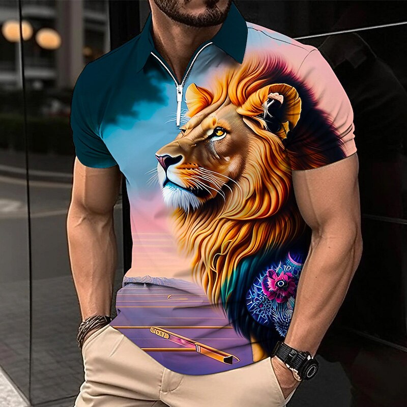 Men's Lion Zip Polo Shirts Golf Shirt Short Sleeve Polo Shirts Collared Shirts Casual Funny Streetwear Vacation Wear Party Outfits 3D Print Quarter Zip Polo Pink Army Green Royal Blue3