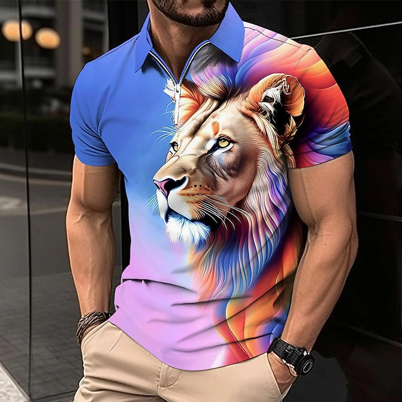 Men's Lion Zip Polo Shirts Golf Shirt Short Sleeve Polo Shirts Collared Shirts Casual Funny Streetwear Vacation Wear Party Outfits 3D Print Quarter Zip Polo Pink Army Green Royal Blue