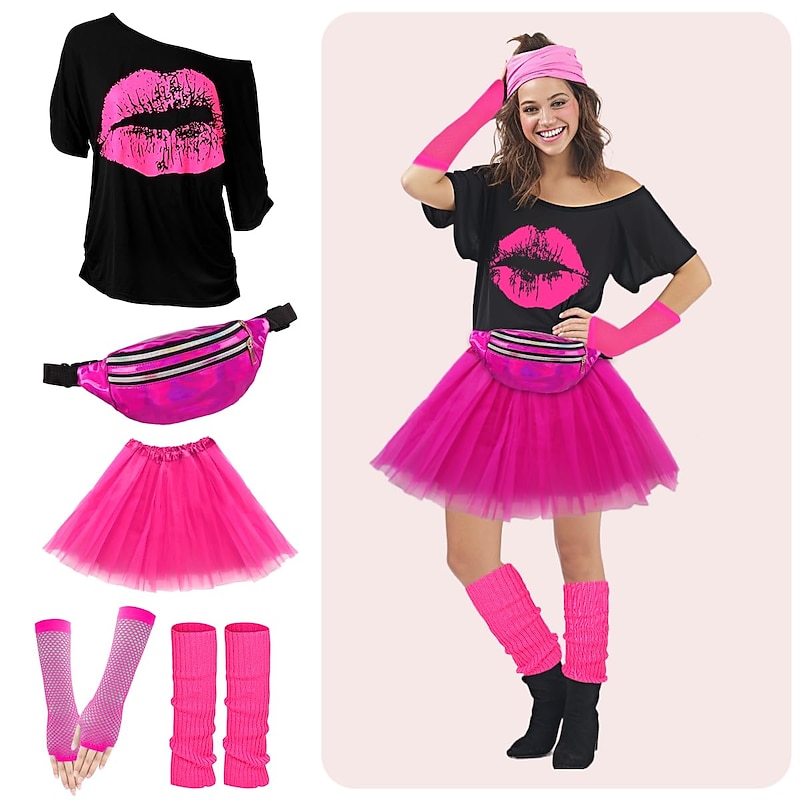 80s Costume Accessories for Women 1980s T-Shirt Tutu Fanny Pack Headband Earring Necklace Fishnet Gloves Legwarmers2