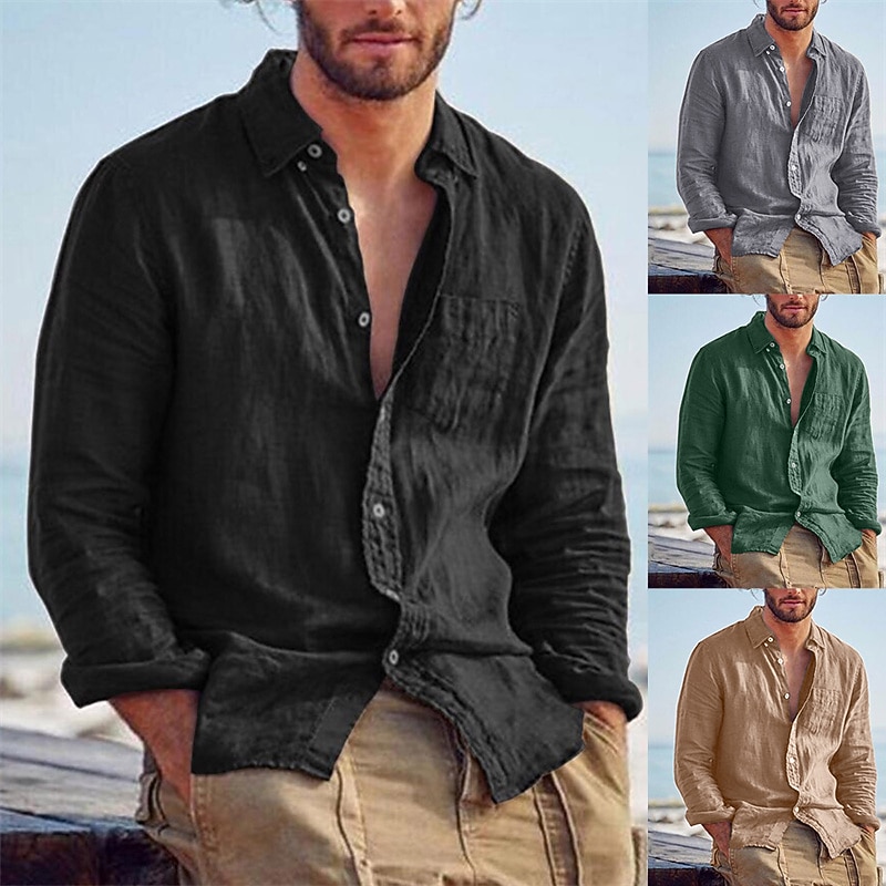Men's Shirt Linen Shirt Summer Shirt Beach Shirt Untucked Shirts Solid Color Outdoor Vacation Black Brown Green Khaki Long Sleeve Turndown Spring &  Fall Clothing Apparel Button-Down