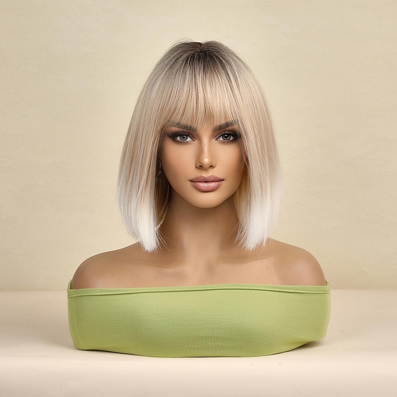 Short Bob Blonde Wig With Bangs, Ombre Dark Root Blonde Wigs For Women2