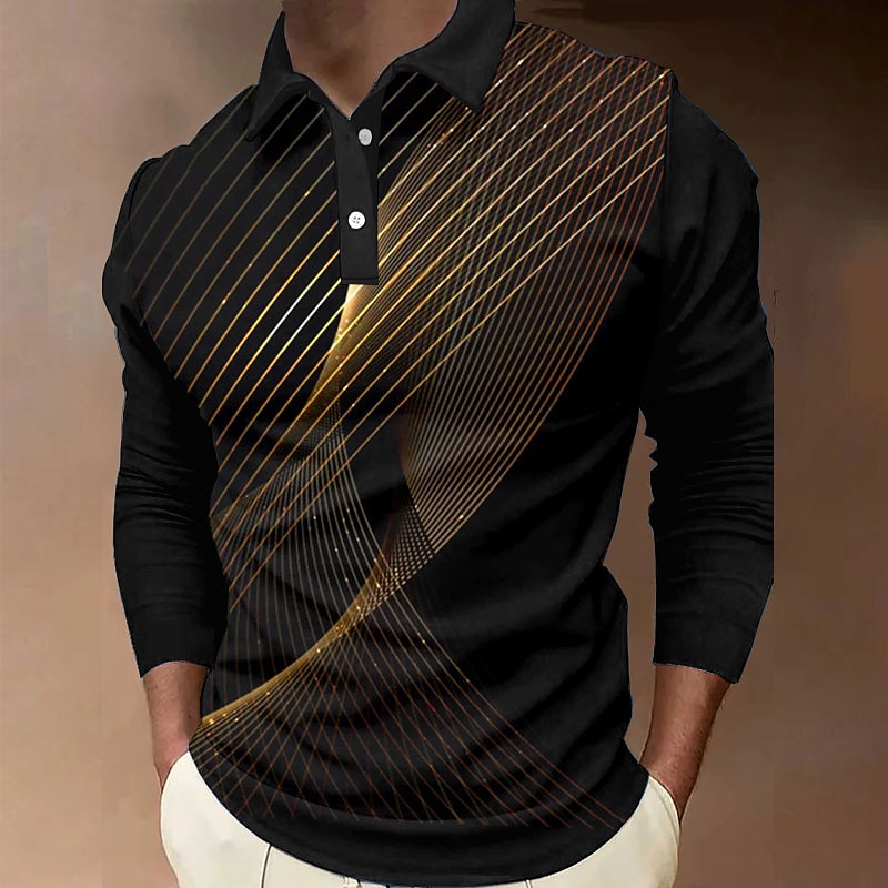 Men's Geometric Polo Shirts Golf Shirt Long Sleeve Polo Shirts Collared Shirts Business Casual WorkWear Formal Wear Festival Wear 3D Print Buttons Yellow Red Blue