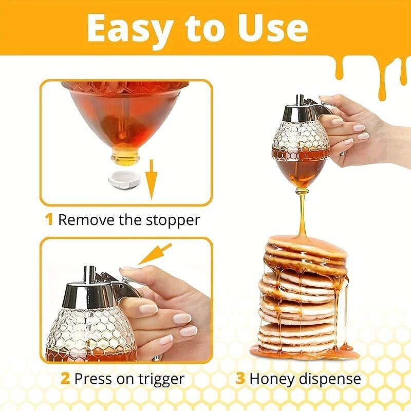 8oz Capacity Honey Dispenser with No-Drip Maple Syrup & Honey Comb Shaped Pot - Perfect for Home Storage!4