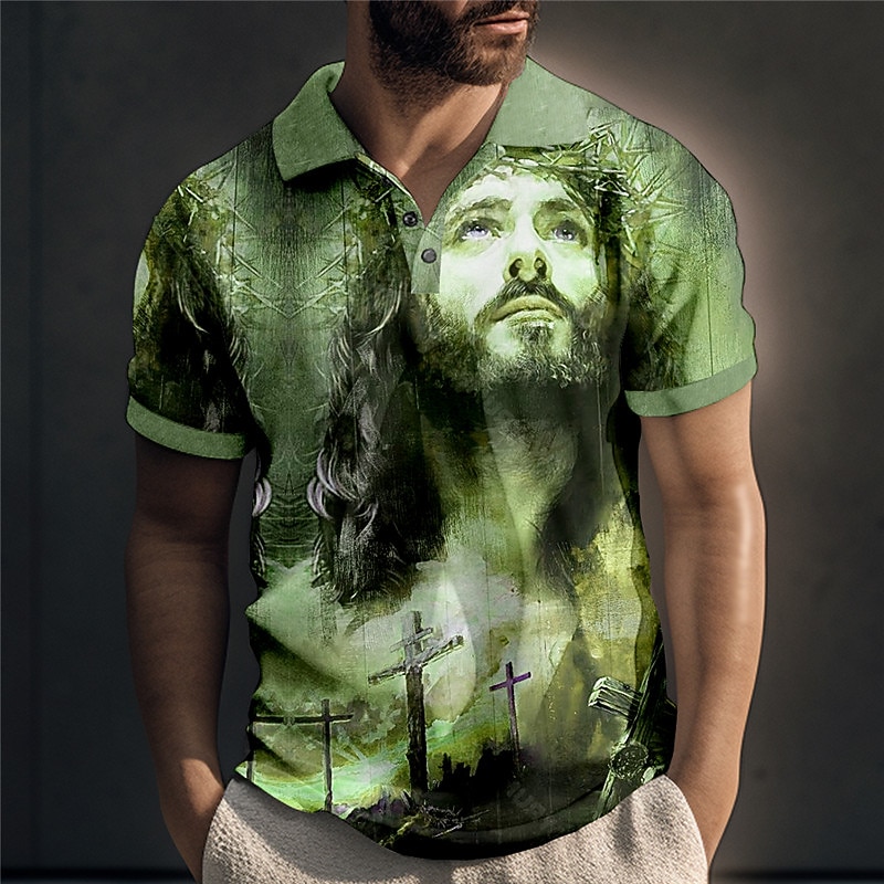 Men's Jesus Christian Polo Shirts Golf Shirt Short Sleeve Polo Shirts Collared Shirts Vintage Casual Vacation Wear Festival Wear Party Outfits Buttons 3D Print Red Blue Green3