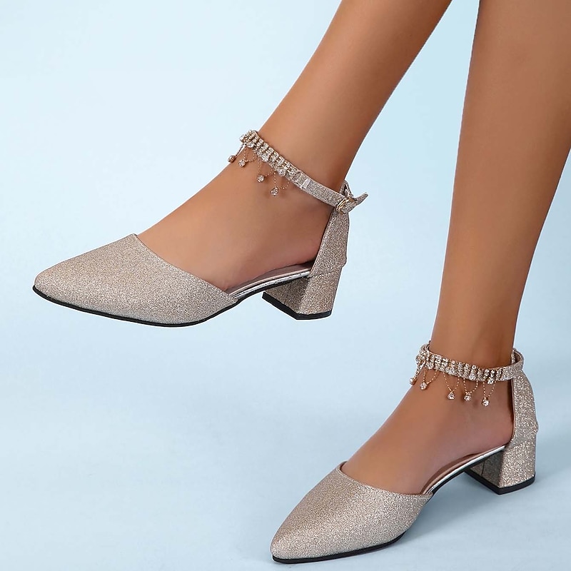 Women's Wedding Shoes Pumps Bridal Bridesmaid Shoes Elegant Daily Sexy Club Bling Sparkling Shoes Gold Sliver Rhinestone Sequin Chunky Heel Pointed Toe Shoes Spring Summer Party2
