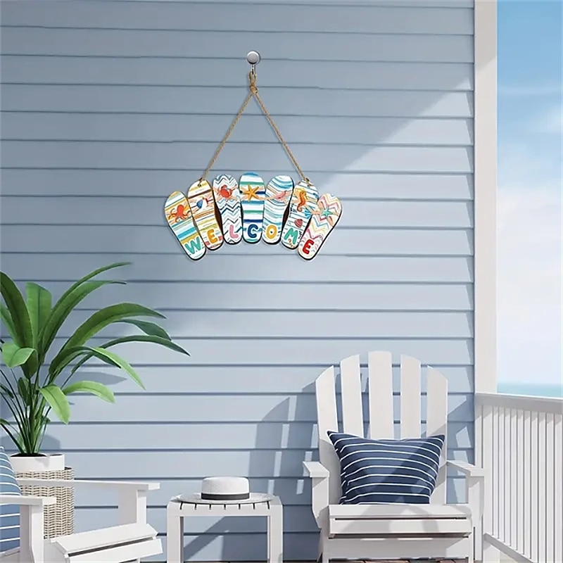 1pc Summer Slippers Wooden Hanging Sign Hello Summer Rustic Beach Plaque Welcome Beach Theme Decor For Door Wall Porch Indoor Outdoor 12 X 6 X 0.2 Inch Welcome Style Summer Party Home Decoration2