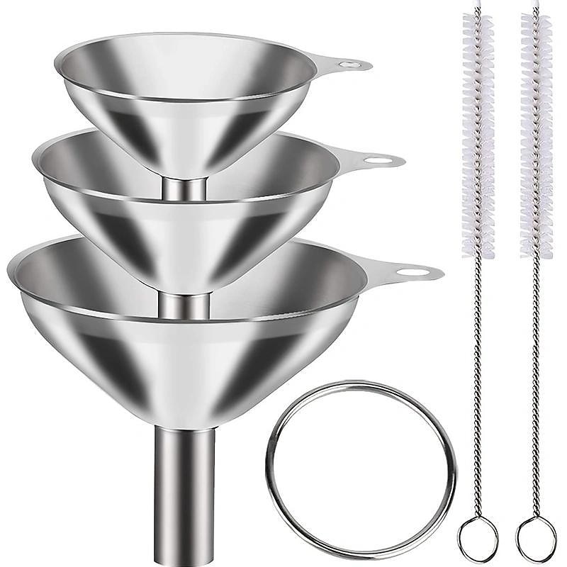 3/5pcs Stainless Steel Funnels For Kitchen Use, Large Tiny Small Funnel Set Of 3, Metal Cooking Powder Food Grade Flask Funnels For Filling Bottles Liquor Water Spice, 2pcs Cleaning Brushes