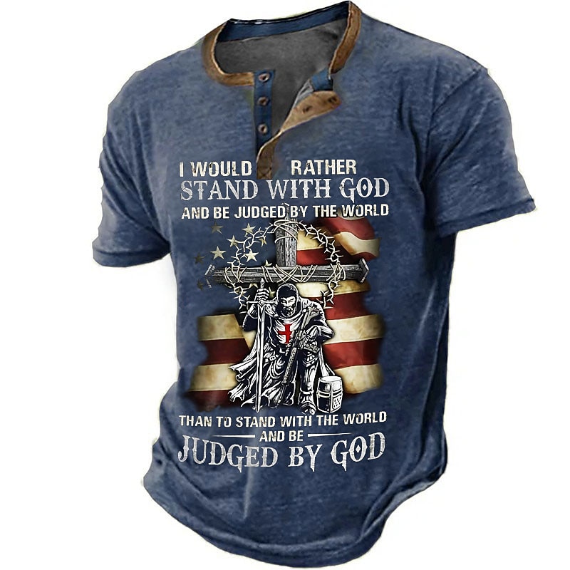 Independence Day Mens Graphic Shirt Henley Cross Faith National Flag Clothing Apparel 3D Print Outdoor Daily Short Sleeve Button Down Fashion Designer Would Rather Stand With God Be Judged By World Th