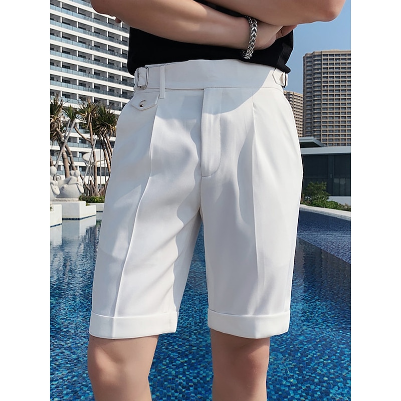 Men's Shorts Dress Shorts Bermuda shorts Work Shorts Pleated Shorts Pocket High Rise Plain Comfort Breathable Business Casual Vintage Elegant Black White High Waist Micro-elastic2