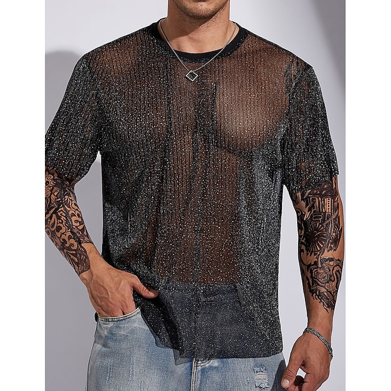 Men's T Shirt Men Solid Glitter Tee Tee Top Short Sleeve Crew Neck Summer Plain Designer Basic Modern Contemporary Basic Vacation Street Going out Black Top Tee for Men