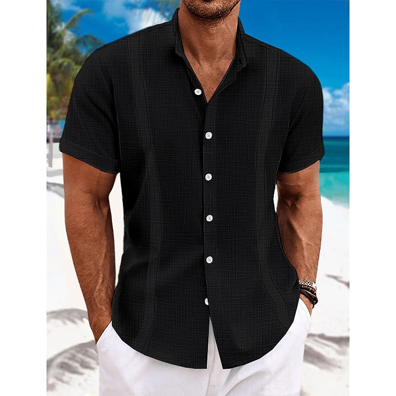 Men's Shirt Linen Shirt Guayabera Shirt Band Collar Shirt Summer Shirt Beach Wear Plain Vacation Curise Black White Blue Green Short Sleeve Collar Summer Clothing Apparel3