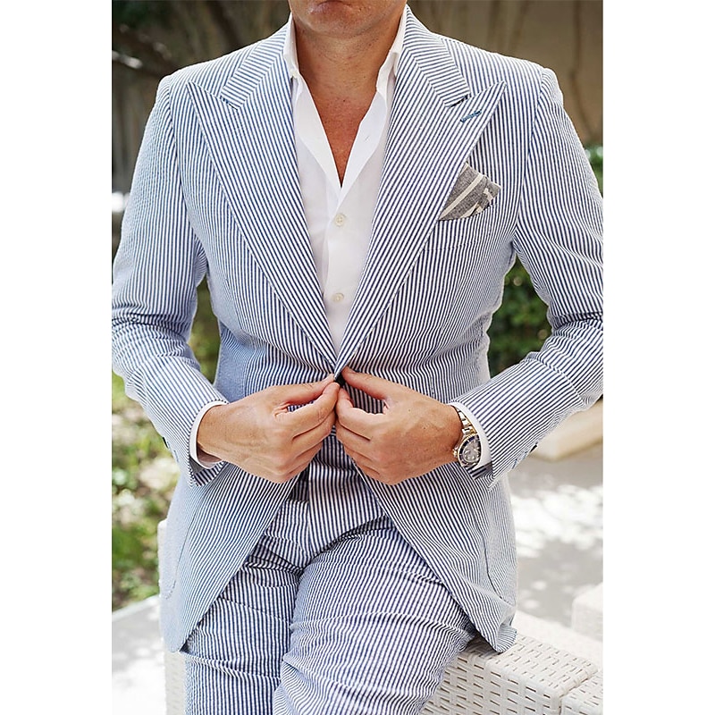 Men's Beach Wedding Suits Peak Blue Solid Colored Standard Fit 2 Piece Single Breasted Two-buttons2