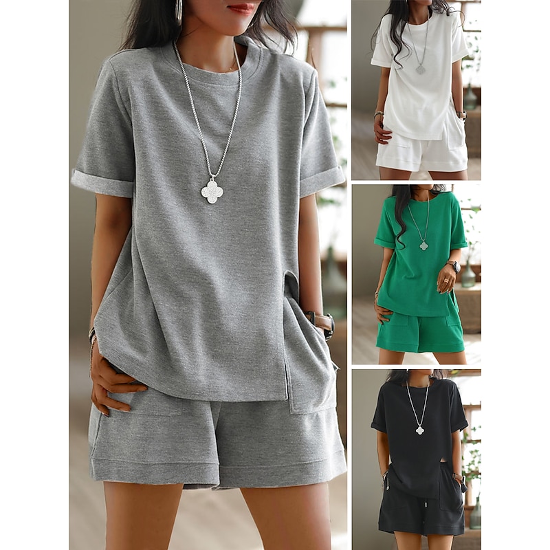 Women's Plus Size Loungewear Sets Pure Color Sport Casual Comfort Home Street Daily Breathable Crew Neck Short Sleeve T shirt Tee Shorts Pocket Summer Spring Home Outfits2