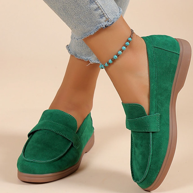 Women's Green Suede Loafers – Comfortable Slip-On Flat Shoes for Casual Wear, Walking & Daily Outfits
