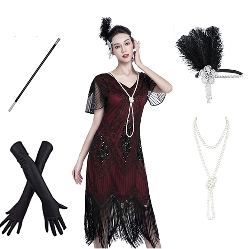 Roaring 20s Vintage Inspired The Great Gatsby Flapper Dress Dress Outfits The Great Gatsby Wedding Guest Sequins Tassel Fringe Sequin Tassel V Neck Fancy Dress Women's Halloween Carnival Masquerade