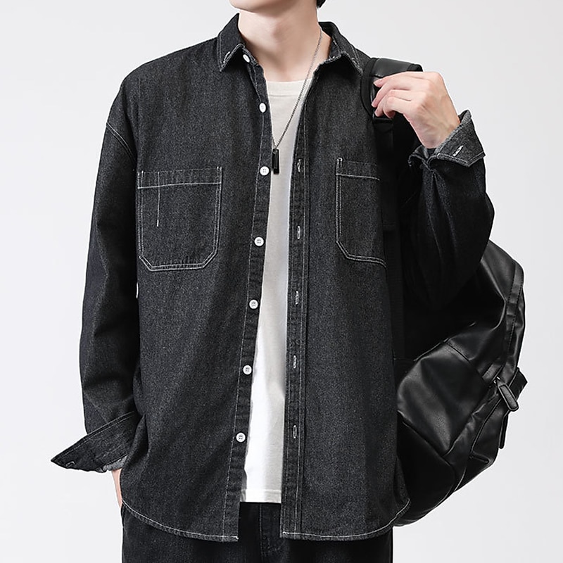 Men's Shirt Jacket Overshirt Denim Shirt Plain Outdoor Daily Black Blue Dark Blue Long Sleeve Lapel Spring &  Fall Clothing Apparel Pocket